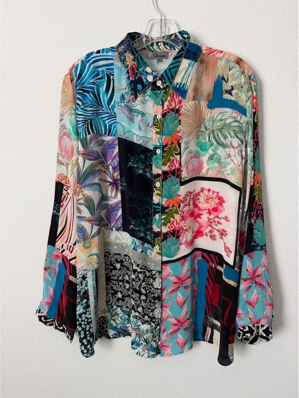 Shana Long Sleeve Button Up Multicolor Patchwork Floral Blouse Women's Size L